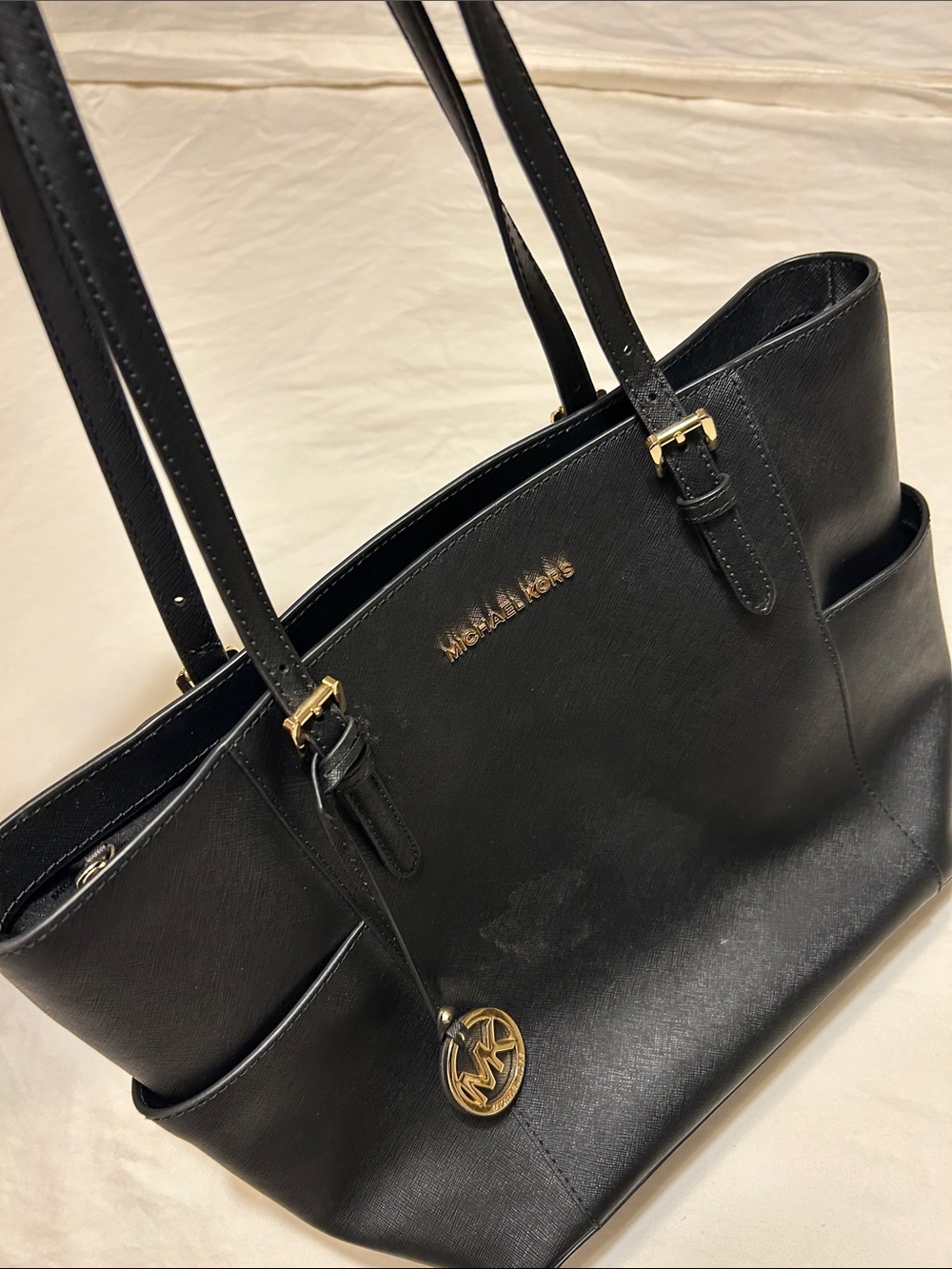 Michael Kors Black Leather Tote with Gold Logo Charm